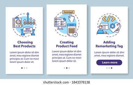 Business marketing onboarding mobile app page screen with concepts. Choosing best, creating product feed walkthrough 3 steps graphic instructions. UI vector template with RGB color illustrations
