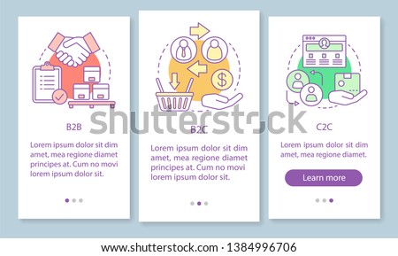 Business marketing onboarding mobile app page screen with linear concepts. B2B, B2C, C2C walkthrough steps graphic instructions. Forms of business. UX, UI, GUI vector template with illustrations
