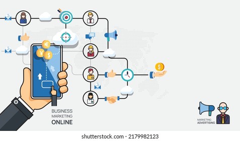 Business marketing online connection on mobile successful e-commerce online concept. infographic vector illustration.