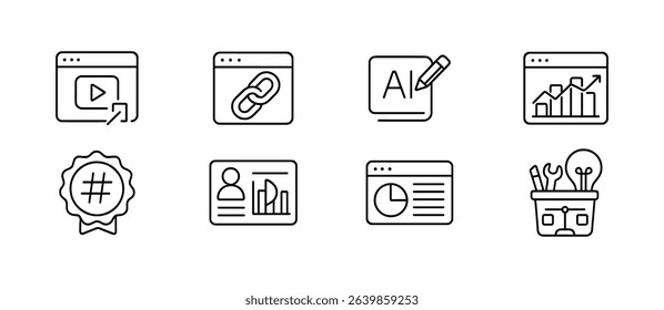 Business and marketing outline icon set. analytics, seo, video, and chart icons collection