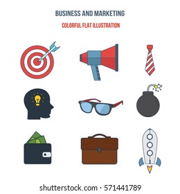 Business, marketing planning, motivation, commitment, creative approach, financial profits, analysis, statistics. Colorful flat illustration. Illustration isolated on a white background separately.