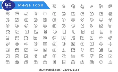 Business and marketing, programming, data management, internet connection, social network, computing, information. Thin line blue icons set. Flat vector illustration