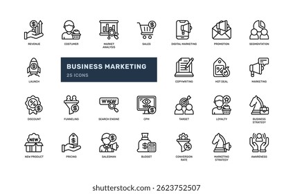 business marketing promotion campaign strategy advertising detailed outline line icon set