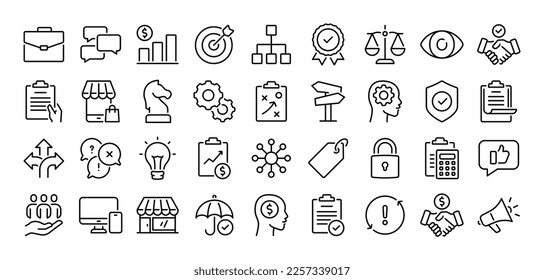 Iconos de contorno de trazo editable relacionados con el negocio y la comercialización, aislados en la ilustración plana del vector de fondo blanco. Pixel perfecto. 64 x 64.