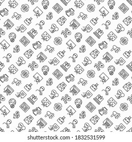 Business marketing seamless pattern with thin line icons: digital marketing, online shopping, advertising, social media, e-mail marketing, vlogging, feedback, strategy, briefcase. Vector illustration.