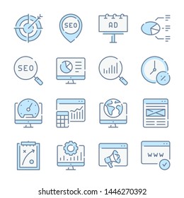 Business , Marketing And SEO Related Blue Line Colored Icons.