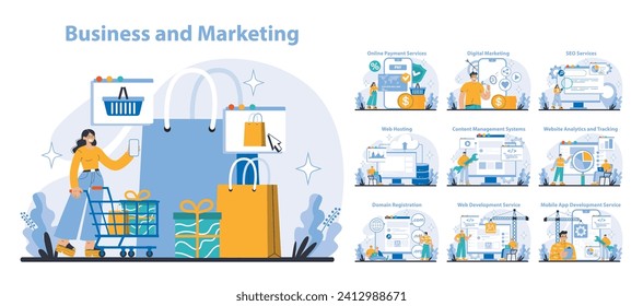 Business and Marketing set. E-commerce solutions and digital strategies. Engaging online shopping, effective SEO, and web services. Flat vector illustration.