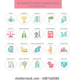 Business and marketing. Set of flat, vector, linear icons. The set contains such icons as strategy, business plan and others.