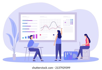 Estrategia de marketing empresarial. Caricatura de hombre y mujer analizando datos, haciendo presentaciones con gráficos sobre inversiones y ventas de productos. Administración de la empresa con empleados que trabajan en el vector de portátiles