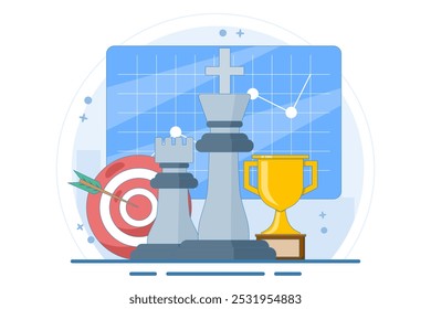 business and marketing strategy concept, Strategic planning and tactics in business, Analyzing projects, Financial reports, Strategic thinking, Financial analysis, Flat vector illustration template.