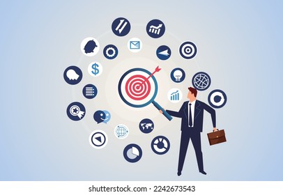 Business marketing and strategy, finding investment opportunities or money-making projects, sales or advertising targets, finding customers, businessmen holding a magnifying glass to find business tar