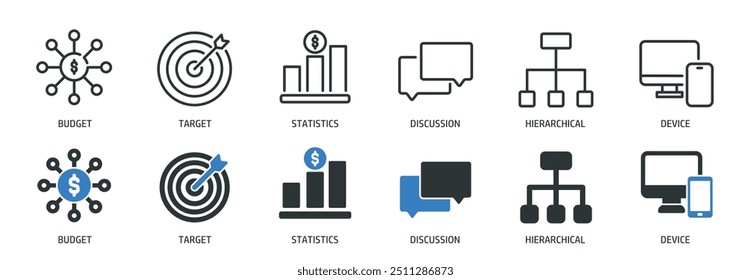 Linha de estratégia de marketing comercial e coleção de ícones sólidos de glifo. Ilustração de vetor de série de símbolos e ícones mínimos