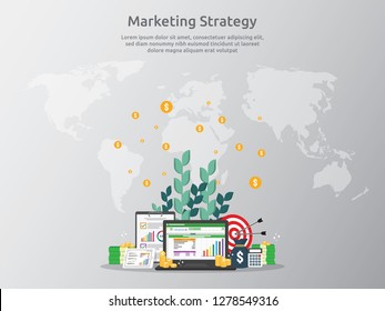 business marketing strategy spreadsheet on screen. finance analysis audit with graphs charts. Return on investment ROI concept. increase profit stretching rising up. banner template illustration