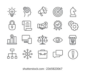 Iconos de línea delgada de la estrategia de marketing de negocios. Para diseño de marketing de sitios web, logotipo, aplicación, plantilla, ui, etc. Ilustración vectorial.