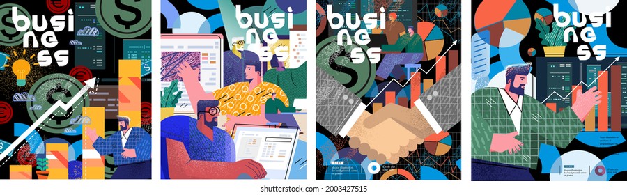 Business, Marketing and Success. Vector illustration of a businessman, managers at work at the computer, handshake, diagram, money for poster, background or cover.