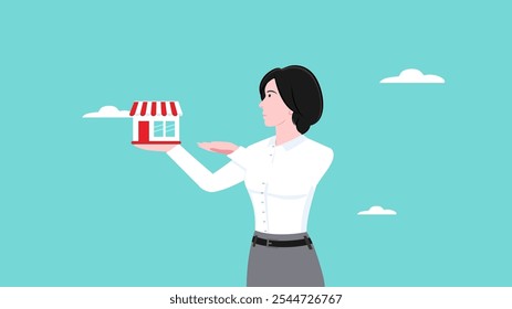 business marketing system all over the world franchise business, businesswoman offering franchise concept vector illustration, businesswoman offer franchise to customer for investment