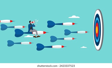 business or marketing target strategy, aim the target audience, introduce products or promotions to the right target audience, businessman control dart with megaphone to reach perfect target 