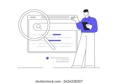 Business marketing team man move website up in search ranking for better SEO performance. Flat Cartoon Vector Illustration, icon. Stylish abstract design landing page