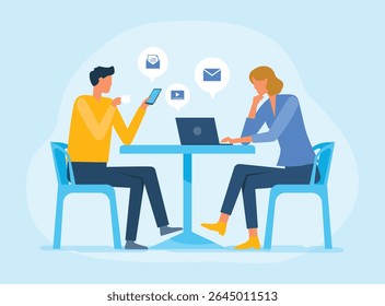 reunião de equipe de marketing empresarial e trabalho em conjunto. os homens usam telefones celulares e as mulheres trabalham com notebooks. As pessoas trabalham a partir de qualquer conceito. design de ilustração de vetor plano.