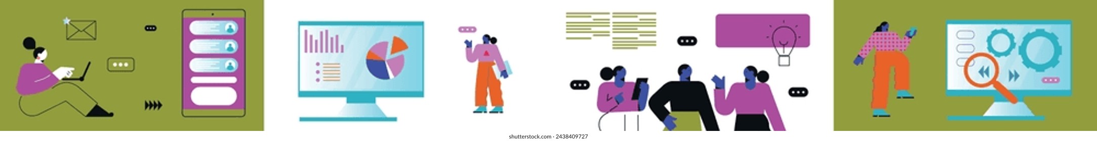Business Marketing. Technology. Working online. Set banner. Concept of social networks, virtual relationships. Friends chatting and texting. Vector illustration.