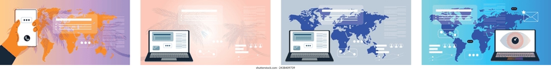 Business Marketing. Technology. Working online. Set banner. Concept of social networks, virtual relationships. Friends chatting and texting. Vector illustration.