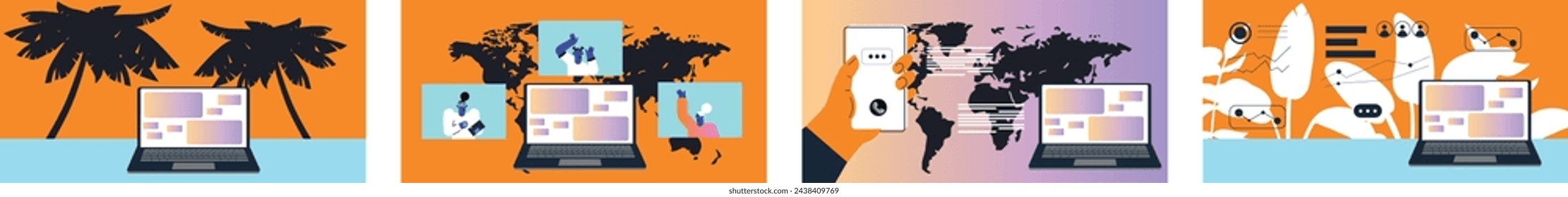 Business Marketing. Technology. Working online. Set banner. Concept of social networks, virtual relationships. Friends chatting and texting. Vector illustration.