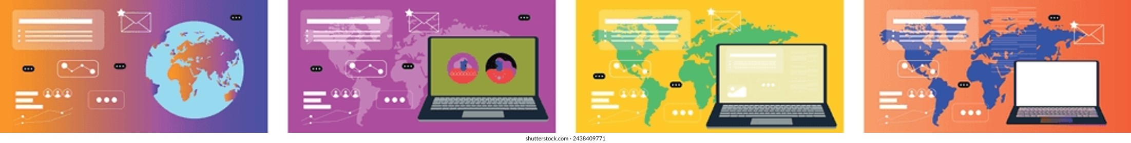 Business Marketing. Technology. Working online. Set banner. Concept of social networks, virtual relationships. Friends chatting and texting. Vector illustration.