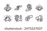 Business marketing thin line icon set. Containing sponsor, agreement, donation, handshake, partnership, trust, money, social media, megaphone, campaign, purchase, donation. Vector illustration