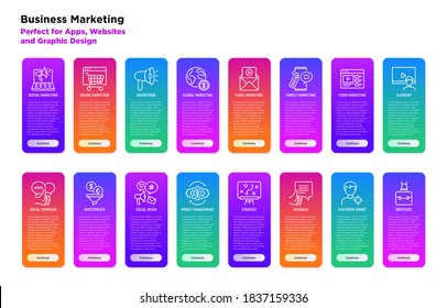 Business marketing thin line icons set: digital marketing, online shopping, advertising, social media, e-mail marketing, vlogging, feedback, strategy, customer target. Vector illustration.