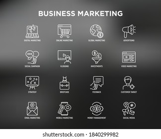 Business marketing thin line icons set: digital marketing, online shopping, advertising, social media, e-mail marketing, vlogging, feedback, strategy, customer target, briefcase. Vector illustration.