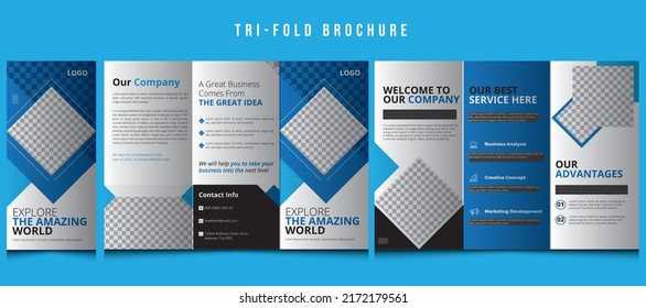 Business Marketing Tri-Fold Brochure Template, Corporate business template for tri-fold flyer with rhombus square shapes, corporate brochure editable template layout, minimal business brochure,