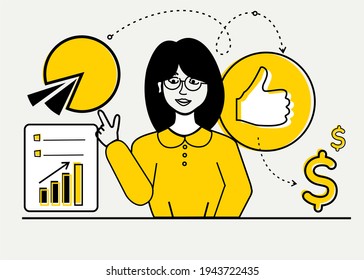 Business marketing vector illustration of the girl behind the workflow