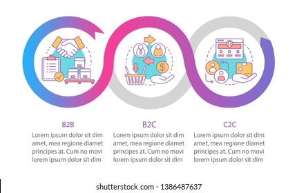 Business marketing vector infographic template. Business presentation design elements. B2B, B2C, C2C. Data visualization, three steps and options. Process timeline chart. Workflow layout, linear icons