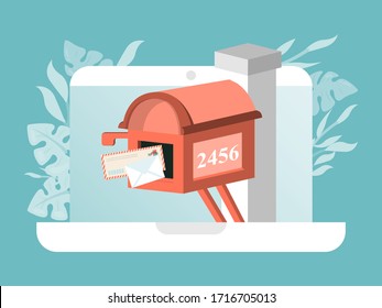 Business marketing via email message, modern internet technology for online communication media, design, flat vector illustration. Computer with letters in real mailbox, banner for promoting services.