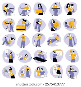 Business and marketing workflow flat cartoon character collection. Scenes with people, with men and women taking part in business activities. Trendy flat vector style.