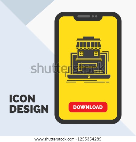 business, marketplace, organization, data, online market Glyph Icon in Mobile for Download Page. Yellow Background