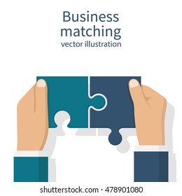 Business matching concept. Connecting elements puzzle in hand businessman. Working together to solve problems. Cooperation, association, alliance companies. Vector illustration flat design. 