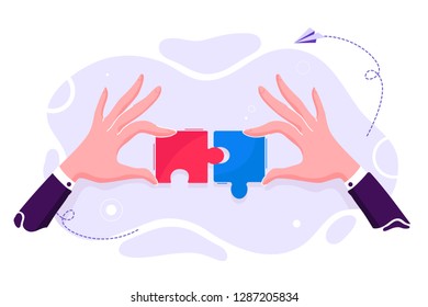 Business matching - connecting puzzle elements.  Connected puzzle elements. Collaboration, unity as jigsaw. Partnership cooperation, teamwork symbol. Vector illustration design in flat style
