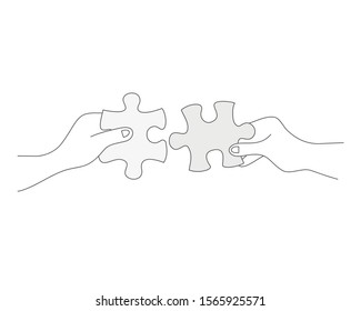 Business matching - connecting puzzle elements. Line drawing vector illustration.