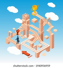 Business maze. Businessmen with idea standing on begining of hard way route in building with doors stairs achieves garish vector concept illustration