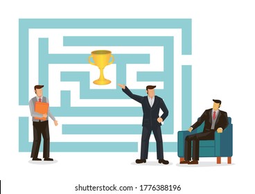 Business maze challenge. Business team working together looking at labyrinth to get awards. Cartoon character vector illustration.