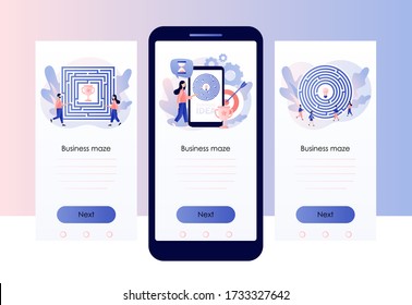 
Concepto de laberinto de negocios. Metáfora comercial. Pequeñas personas buscando una manera de alcanzar el objetivo a través del laberinto. Plantilla de pantalla para teléfono inteligente móvil. Estilo moderno de dibujos animados planos. Ilustración del vector 