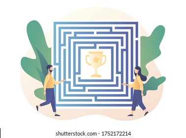 Concepto de laberinto de negocios. Metáfora comercial. Pequeñas personas buscando una manera de alcanzar el objetivo a través del laberinto. Estilo moderno de dibujos animados planos. Ilustración del vector sobre fondo blanco