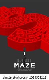 Business Maze or labyrinth Currency USD (United States Dollars) sign shape red color with businessman, 3D design illustration isolated on dark background, with copy space