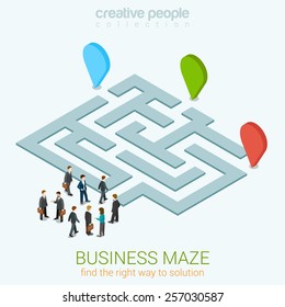 Business Maze Puzzle Flat 3d Web Isometric Infographic Concept Vector Template. Find Your Way To Solution. Group Pf Businessmen Near Entrance. Creative People Collection.