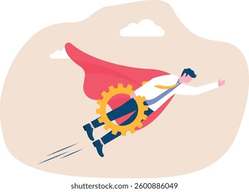 Business mechanics. Businessman hero flies in the sky with gears