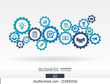 Business mechanism concept. Abstract background with connected gears and icons for strategy, service, analytics, research, seo, digital marketing, communicate concepts. Vector infographic illustration