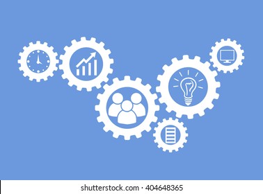 Business mechanism concept. Abstract background with connected gears and icons for strategy, research, concepts. Vector