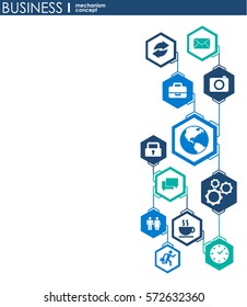 Business mechanism concept. Abstract background with connected gears and icons for strategy, service, analytics, research, seo, digital marketing, communicate concepts. Vector infographic illustration