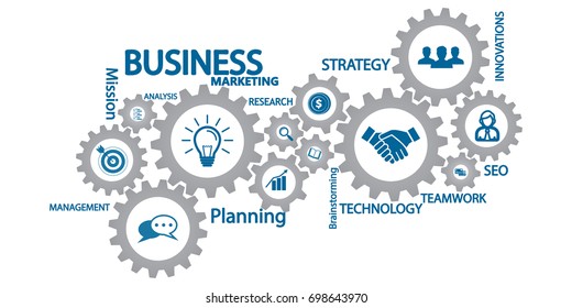 Business mechanism concept. Abstract background with connected gears and icons for strategy, service, analytics, research, seo,digital marketing, communicate concepts. Vector infographic illustration